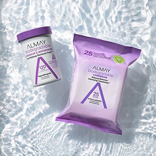 Almay Biodegradable Makeup Remover Pads, Longwear & Waterproof, Hypoallergenic, Fragrance-Free, Dermatologist & Ophthalmologist Tested, 2 Pack