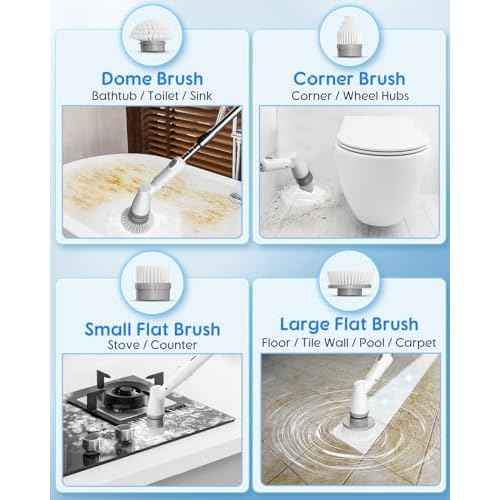 Electric Spin Scrubber with Big Display, Fast Charging Cordless Cleaning Brush with Adjustable Long Handle, 2 Speeds & 4 Replaceable Brush Heads, 1.5H Runtime Shower Scrubber for Deep Cleaning