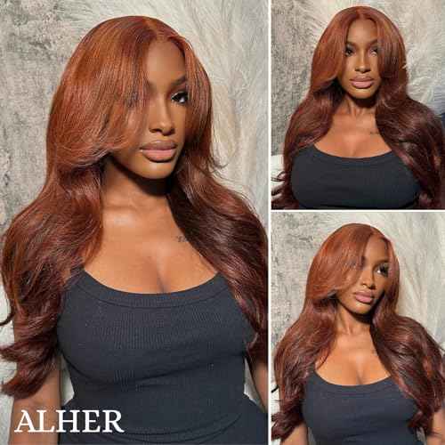 ALHER 33 Reddish Brown 3 Bundles with 2x6 Lace Closure Body Wave, 12A 100% Unprocessed Brazilian Virgin Remy Human Hair, Copper Brown Wavy Bundles with 2x6 Long Deep Part Lace Closure 12 14 16+12 Inch