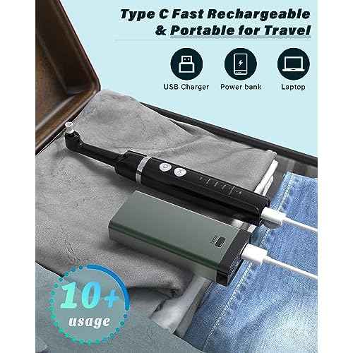 Tooth Polisher, Rechargeable Tooth Whitening Kit for Teeth Cleaning and Whitening, with 3 Tooth Polish Paste and 5 Brush Heads, LED Light, Easy to Use at-Home Personal Dental Care Kit (Black)