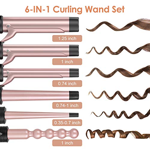 Duomishu Rose Gold 6-in-1 Hair Curling Iron Set with Interchangeable Ceramic Barrels