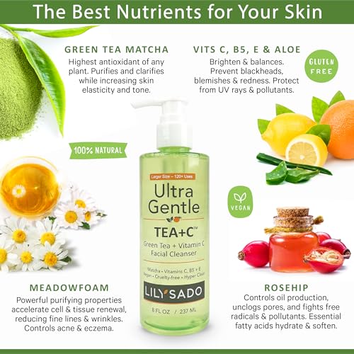 LILY SADO TEA+C¢â Green Tea & Vitamin C Face Cleanser ? Natural Vegan Antioxidant Daily Face Wash with Aloe, Rosehip, Meadowfoam - Gentle Deep Cleansing for Acne, Blackheads, Blemishes. 8 oz