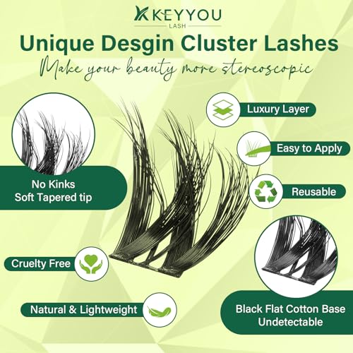KEYYOU Lash Clusters 3D Effect Volume Eyelash Clusters Flaunt Style 144PCS D Curl Flora Wispy Look LengthLock 8?18mm Mix Ultra-Thin Black Band (PuffSilk V3D01)