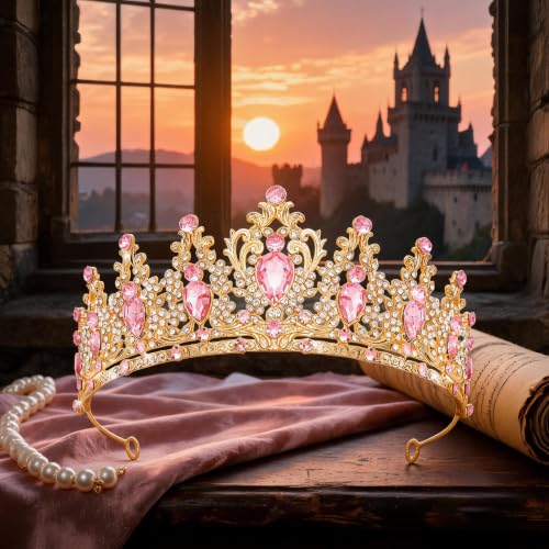 YOUlDIANZI Queen Crown Rhinestone Tiara for Women Wedding Party Costume - Gold & Pink-A