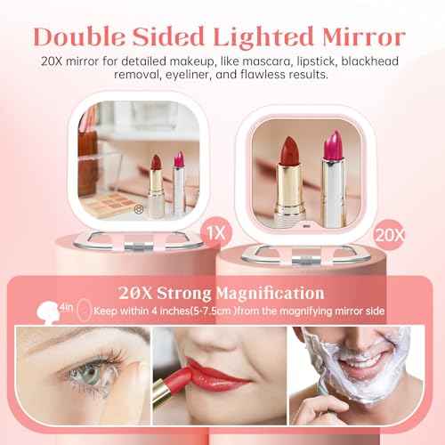 FASCINATE 20X Magnification Compact Travel Makeup Mirror with Lights and Magnification, 3.5 inch Portable 1X/20X Magnifying Mirror with 3 Color Light, Folding, Handheld (Pink)