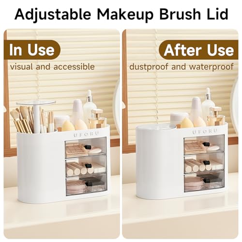 Makeup Organizer with Pop-Up Brush Holder for Dresser Vanity, Plastic Bathroom Counter Organizer with 3 Drawers & Dust-Proof Cover, Cosmetic Display Case for Lipstick, Skincare, White