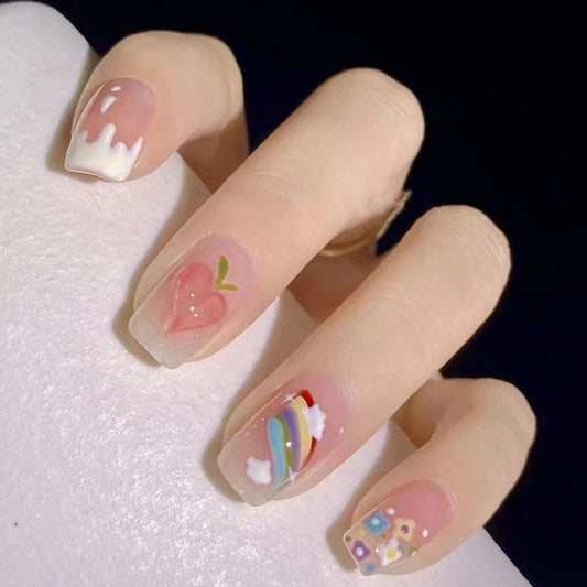 DOUBNINE Press On Nails Short Square Pink Flower Rainbow Blooming French Tip Gossry Acrylic False Nails with Glue Ballerina Spring Look Full Cover Stick On Nails for Women