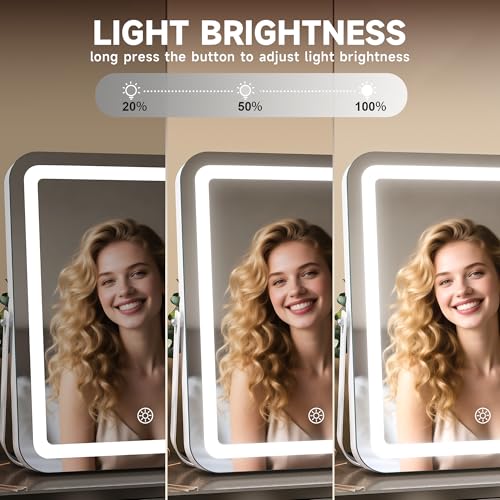 MINISO Vanity Mirror with Lights, 13.8" x 10.6" LED Makeup Mirror, Light & Brightness Adjustment, Smart Sensor, Aluminum Alloy Metal White Frame, with 5X Magnifying Glass