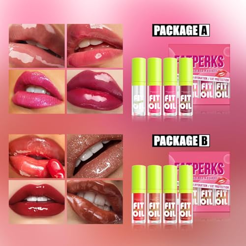 4-Color Hydrating Lip Oil Set with Large Brush – Shiny & Non-Sticky