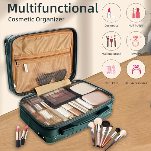 Dark Green 14inch Hard Shell Cosmetic Organizer Travel Train Hand Luggage Small Portable Carrying Suitcase Makeup Case Bag for Women Toiletry