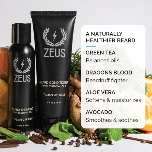 ZEUS Italian Cypress Beard Wash Set for Men, Shampoo & Conditioner Duo with Green Tea & Essential Oils, Hydrates, Softens & Strengthens Beard Hair (Made in USA)
