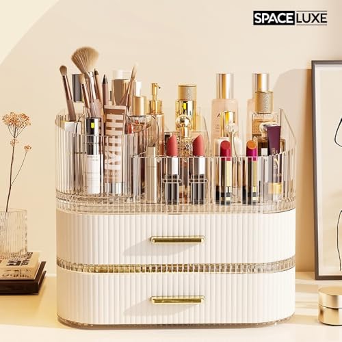 SpaceLuxe 360° Rotating Makeup Organizer with Drawers - Cream White