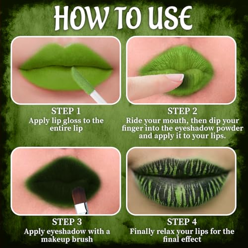Green Matte Liquid Lipstick Set with Black Eyeshadow Powder, Halloween Goth Lip Gloss Waterproof Longlasting DIY Cute Unique Makeup Lip Stain for Rave Festival Accessories Cosplay Party