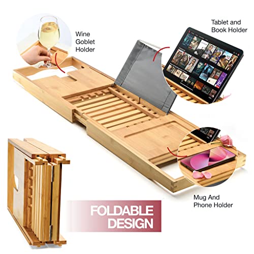 Bamboo Bathtub Caddy Tray - Expandable Bath Tray for Tub