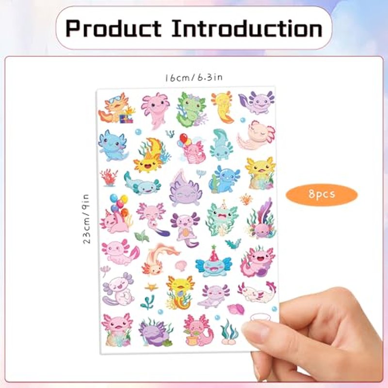 Gameza Colorful Axolotl Temporary Tattoos - 200+ Axolotl Birthday Decorations Party Favors Supplies Decor Funny Blue Pink Yellow Green Blue Axolotl Tattoo Stickers Gifts Rewards for Kids Adults