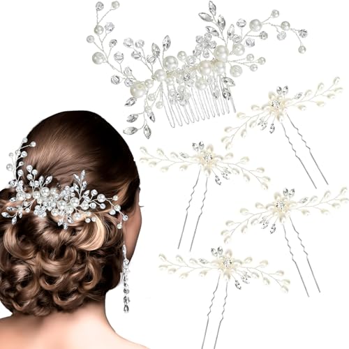 5-Piece Bridal Hair Comb & Pins Set with Pearls & Rhinestones