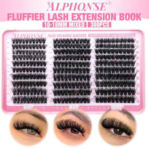 Fluffier Lash Clusters Thick Volume Lash Extension 10-18mm Cluster Eyelash Extensions DIY Individual Lashes Wispy at Home Pesta?as Pelo a Pelo by ALPHONSE (60D+80D+100D, 300pcs)