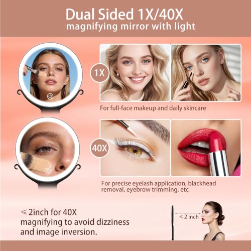 CC Mirrors 6-inch Travel Magnifying Makeup Mirror with Lights, 40X/1X, Black - Double Sided