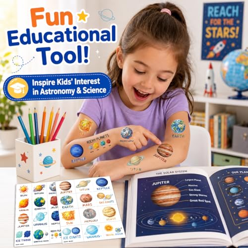 120 Pre-Cut Space Solar System Temporary Tattoos for Kids