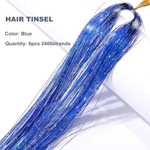 Blue Hair Tinsel Extensions Kit for Girls - Glitter Hair Strands & Tools
