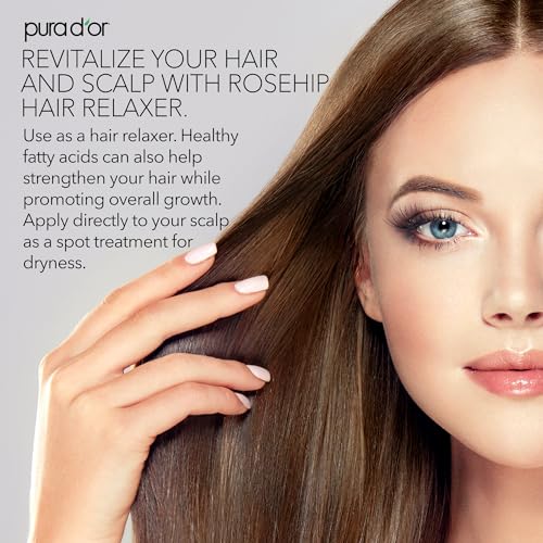 PURA D'OR ORGANIC Rosehip Seed Oil Hair Relaxer (4 Oz x3 = 12 Oz) 100% Pure Cold Pressed USDA Certified All Natural Anti-Aging, Scar Treatment, Gua Sha Massage, Face, Hair & Skin - Women & Men