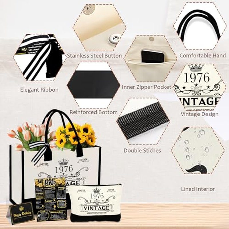 50th Birthday Gifts for Her Woman? Vintage 1976 Canvas Tote Bag Gift Set for Women, Cosmetic Bag, Back in 1976 Card, Unique 50 Years Old Birthday Gift Ideas for Mom, Wife, Sister, Friends