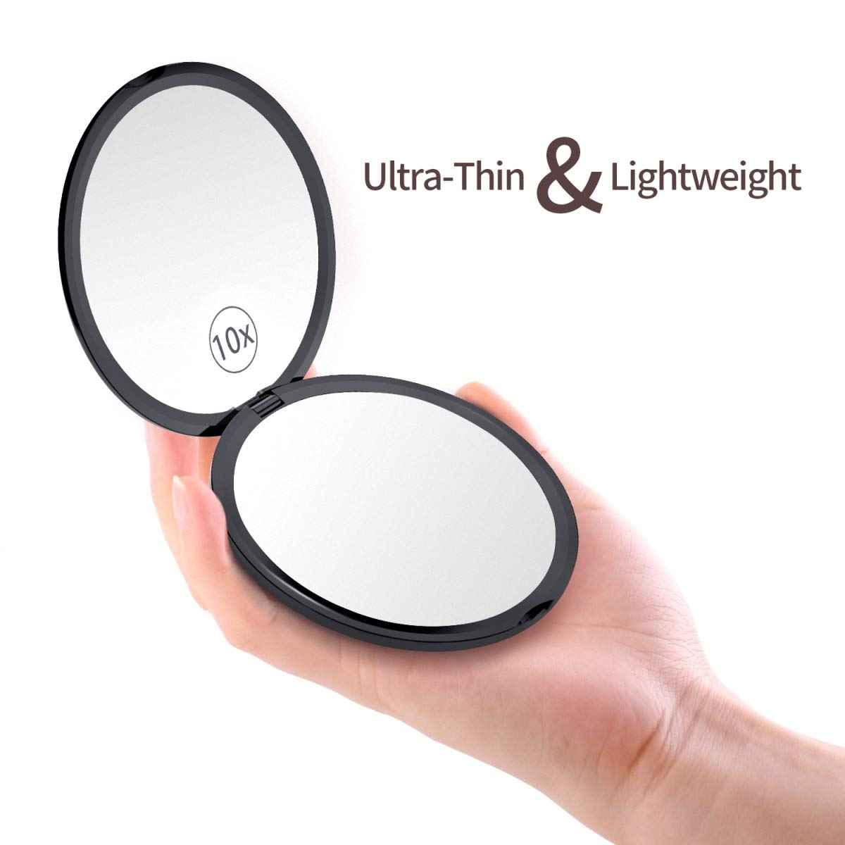 Gospire 4" Ultra-Thin Pocket Makeup Mirror for Travel, 1X/10X Double Sided Magnifying Portable Compact Handbag Handheld Round Foldable Cosmetic Mirror for Women (Black)