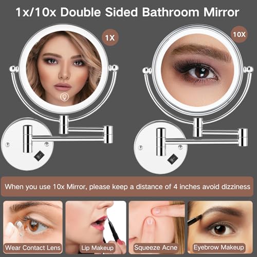 Wall Mounted Lighted Makeup Mirror with Magnification, 8-inch 1X/10X Wall Mount Magnifying Mirror for Bathroom, Touch Dimmable, 360 Degree Swivel, 2-Sided, Extendable Arm