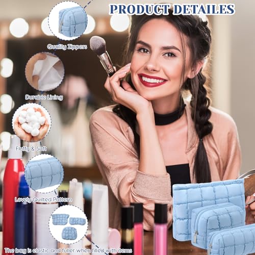 Huhumy Medium Blue Checkered Puffy Makeup Bag Set for Women