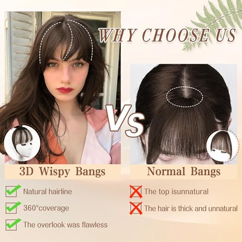 Vigorous Clip in Bangs Real Human Hair 360° Cover Bangs Hair Clip, Wipsy Bangs Reddish Brown Hair Clip on Bangs for Women (Mocha Brown)