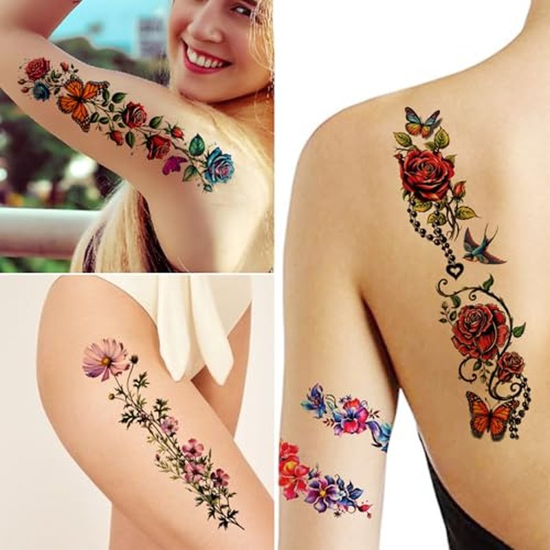 3D Flower Temporary Tattoos for Women Girls -24 Sheets Colourful Flower Roses Realistic Butterfly Tattoo Stickers Watercolor Waterproof Tattoo for Arm Collarbone Leg Backbone Body Art