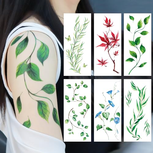 6 Sheet Watercolor Leaf Temporary Tattoos for Women