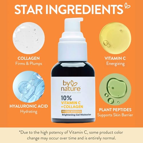 By Nature Gel Face Moisturizer - 10% Vitamin C + Collagen Peptide Moisturizer for Face and Neck - Energize and Hydrate Dull Skin + Fade Dark Spots - Dry Skin Face moisturizer Gel