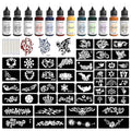 Temporary Tattoo Kit - 12 Color Inks & 49 Stencils