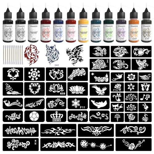 Temporary Tattoo Kit - 12 Color Inks & 49 Stencils