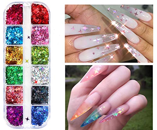 CHANGAR Nail Art Glitter Sequins, 3D Laser Cross Star Nail Paillette Decals Sticker Holographic Four-Angle Star Nail Sparkle Glitter for Manicure Make Up DIY Decals Decoration