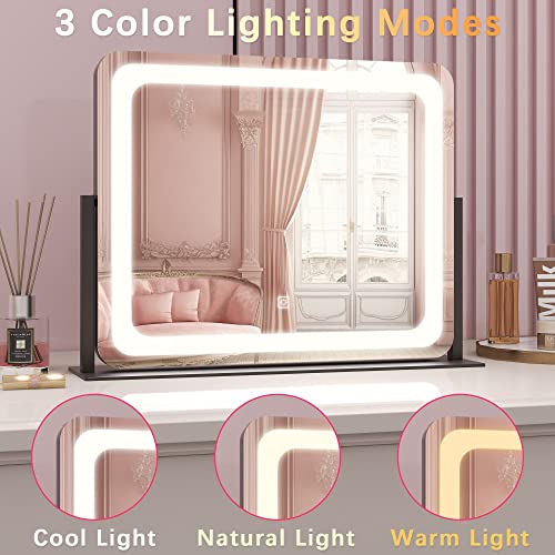 ROLOVE 22x17 Inch Lighted Vanity Mirror with Dimmable LED Lights - 3 Color Modes, Smart Touch Control & 360¡Æ Rotating Base - Desk Makeup Mirror (Black)