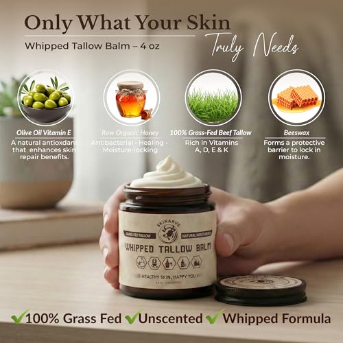 Beef Tallow for Skin 4oz Unscented, Organic Whipped beef Tallow and Honey Balm, 100% Grass Fed Beef Tallow Face Moisturizer For Dry Skin, Lip balm, Eczema Natural Tallow Moisturizer Lotion Body Butter