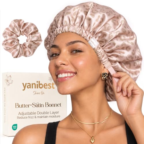 YANIBEST Adjustable Satin Bonnet with No Damage Hair Scrunchie - Leopard Pink