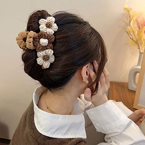 3 Pcs 4.33 Inch Large Hair Claw Clips Braided Fluffy Plush Flower Hair Catch Barrette Jaw Clamp for Women Girls Strong Hold Half Bun Hairpins for Thick Thin Hair Stylish Curly Hair Accessories