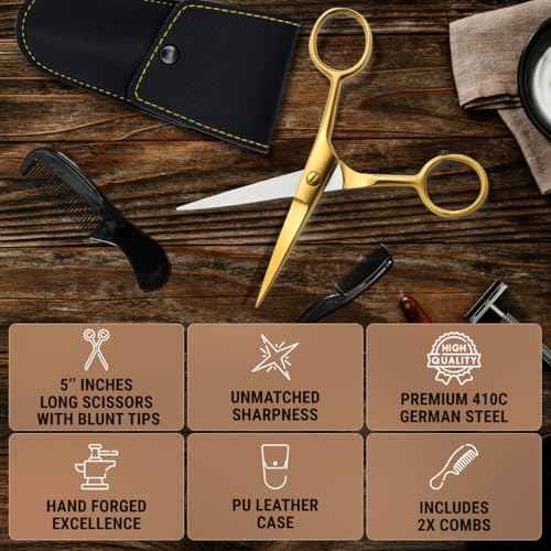 Ontaki Brass Grooming Kit - 5 in, Golden Brass - Beard Trimming Scissors, Mustache Comb & Beard Comb, Carrying Pouch