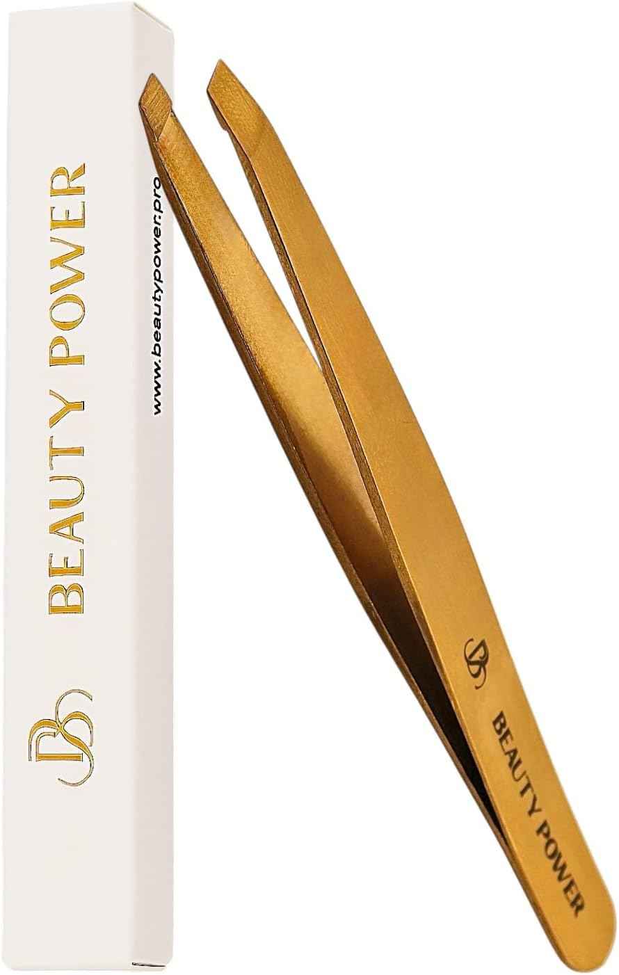 Beauty Power Professional Precision Slant Tweezers for Women Facial Hair - Tweezers for Men & Women, Eyebrow Tweezer for Ingrown Hair Blackhead & Splinter Removal - Gold