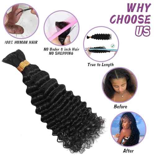 Human Braiding Hair For Boho Braids Deep Water Wave Human Bulk Hair for Braiding 12A Brazilian Virgin Human Hair Extensions for Boho Braids 3 Bundles/Pack 110g Chocolate Brown 22inch