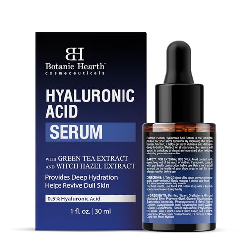 Botanic Hearth 0.5% Hyaluronic Acid Serum for Face with 2% Niacinamide, Witch Hazel & Green Tea Extracts | Hydrating & Moisturizing | Helps Reduce Wrinkles & Fine Lines | All Skin Types | 1fl oz