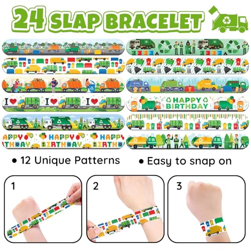 Garbage Truck Party Favors Set - 72 Tattoos & 24 Slap Bracelets