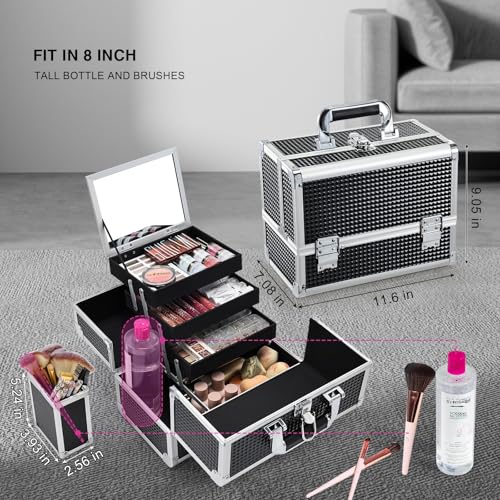 Joligrace 3-Tray Makeup Case with Mirror & Brush Holder