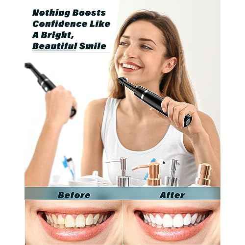 Tooth Polisher, Rechargeable Tooth Whitening Kit for Teeth Cleaning and Whitening, with 3 Tooth Polish Paste and 5 Brush Heads, LED Light, Easy to Use at-Home Personal Dental Care Kit (Black)