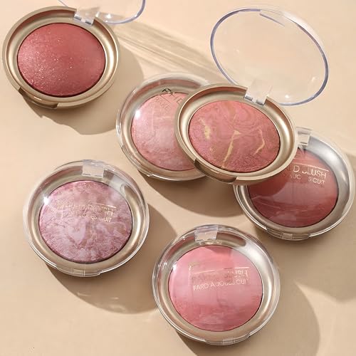 MAEPEOR Powder Baked Blush 6 Colors Natural Glow Marbleized Baked Powder Blush Lightweight Buildable Shimmer Blusher (01 AMORE)