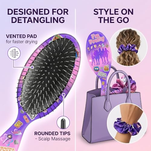 Purple Paddle Hair Brush Gift Set with Satin Scrunchies for Girls