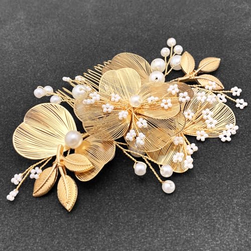 Gold Pearl Flower Hair Comb for Bride Wedding